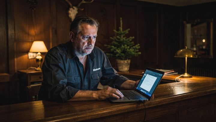 Hotelier sitzt abends am Laptop an der Rezeption eines Schwarzwaldhotels